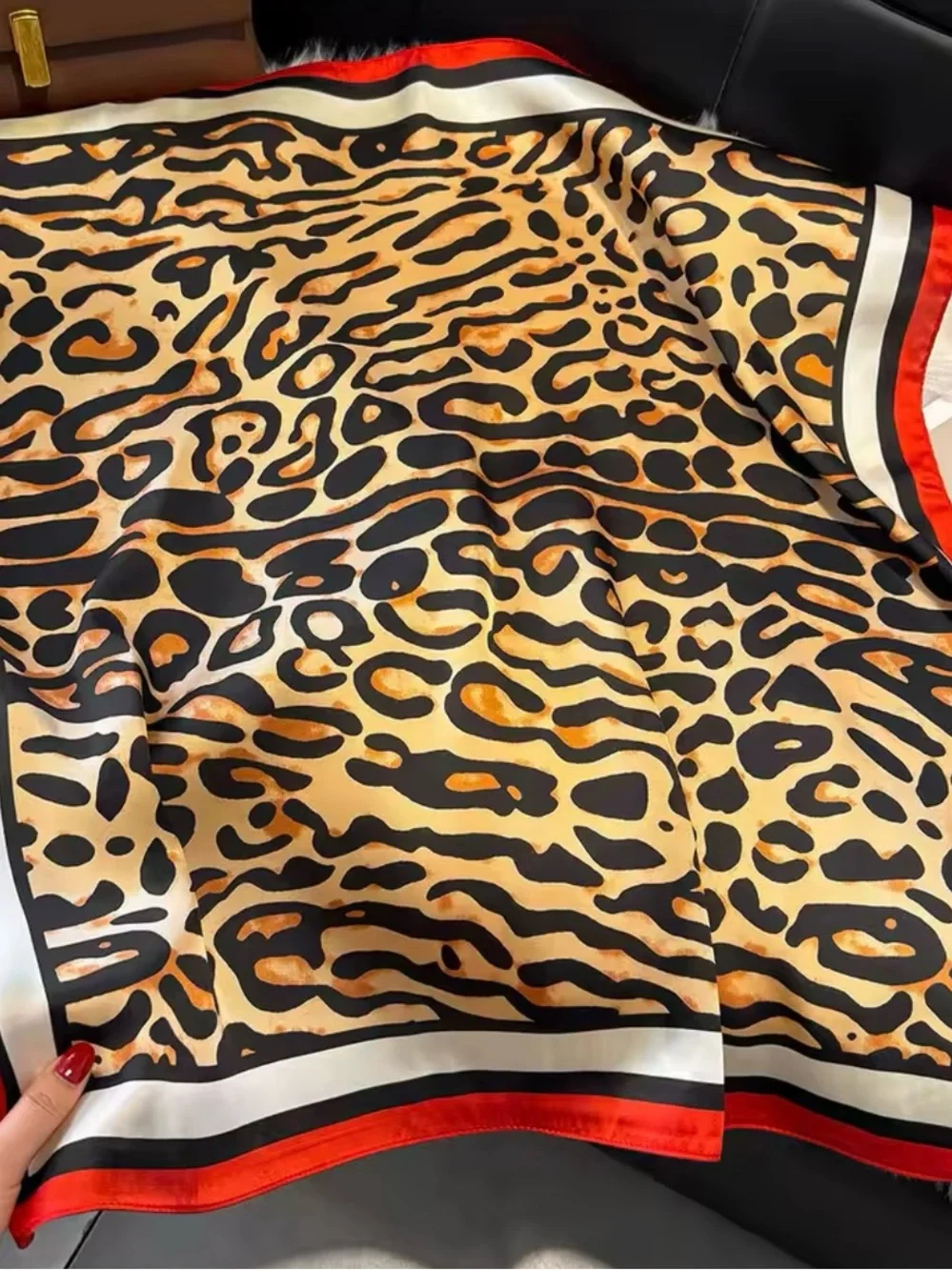 Leopard Print Neckerchief Scarf with Red Trim